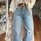 Vireous Lace Floral Extra-Long Shirt Top, High Neck Overwear
