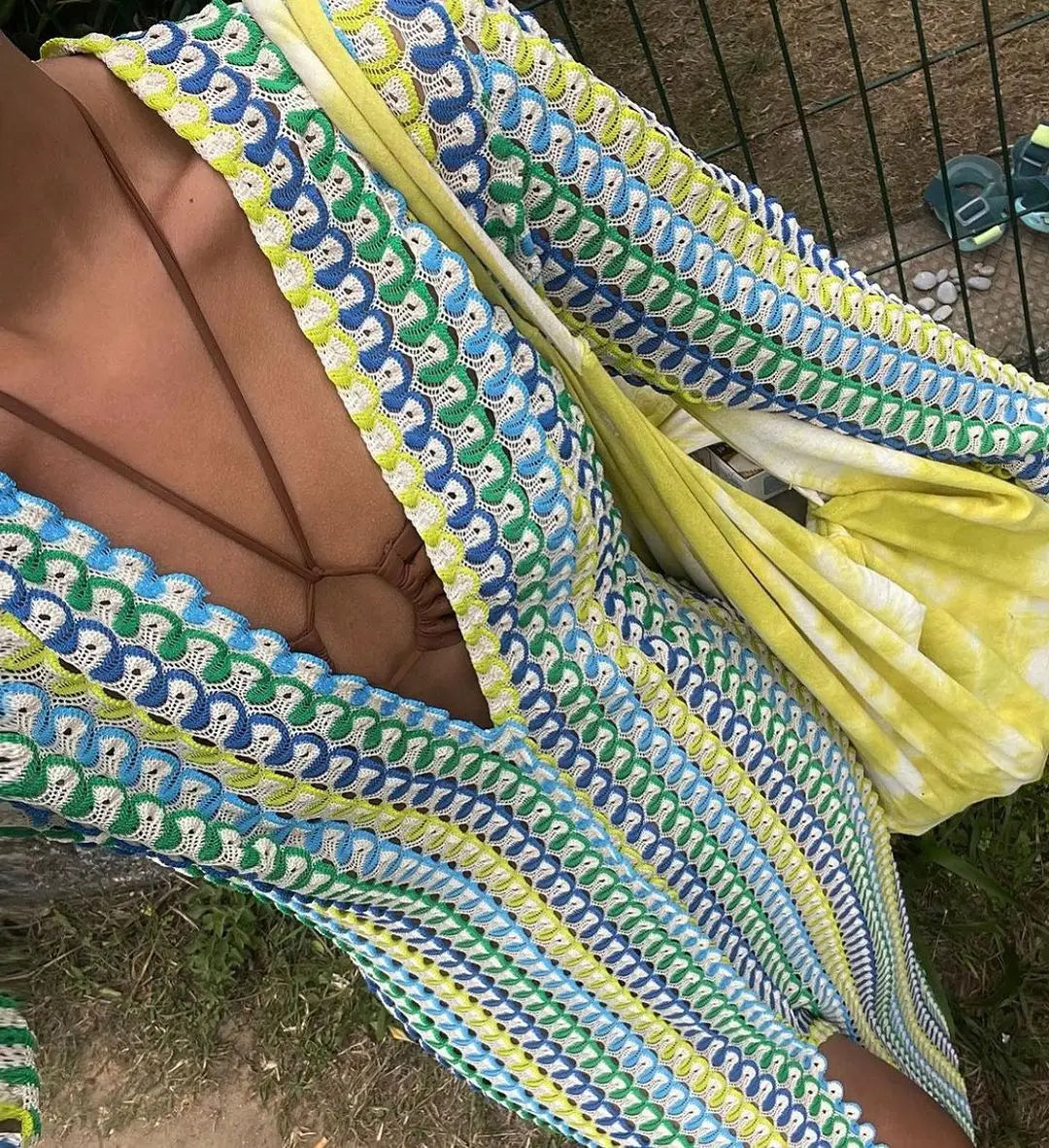 Vireous Crochet Colourful Women's Stripe Maxi Dress