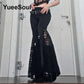 Goth Women's Flared Pants with Black Lace, Embroidery, Multi Designs