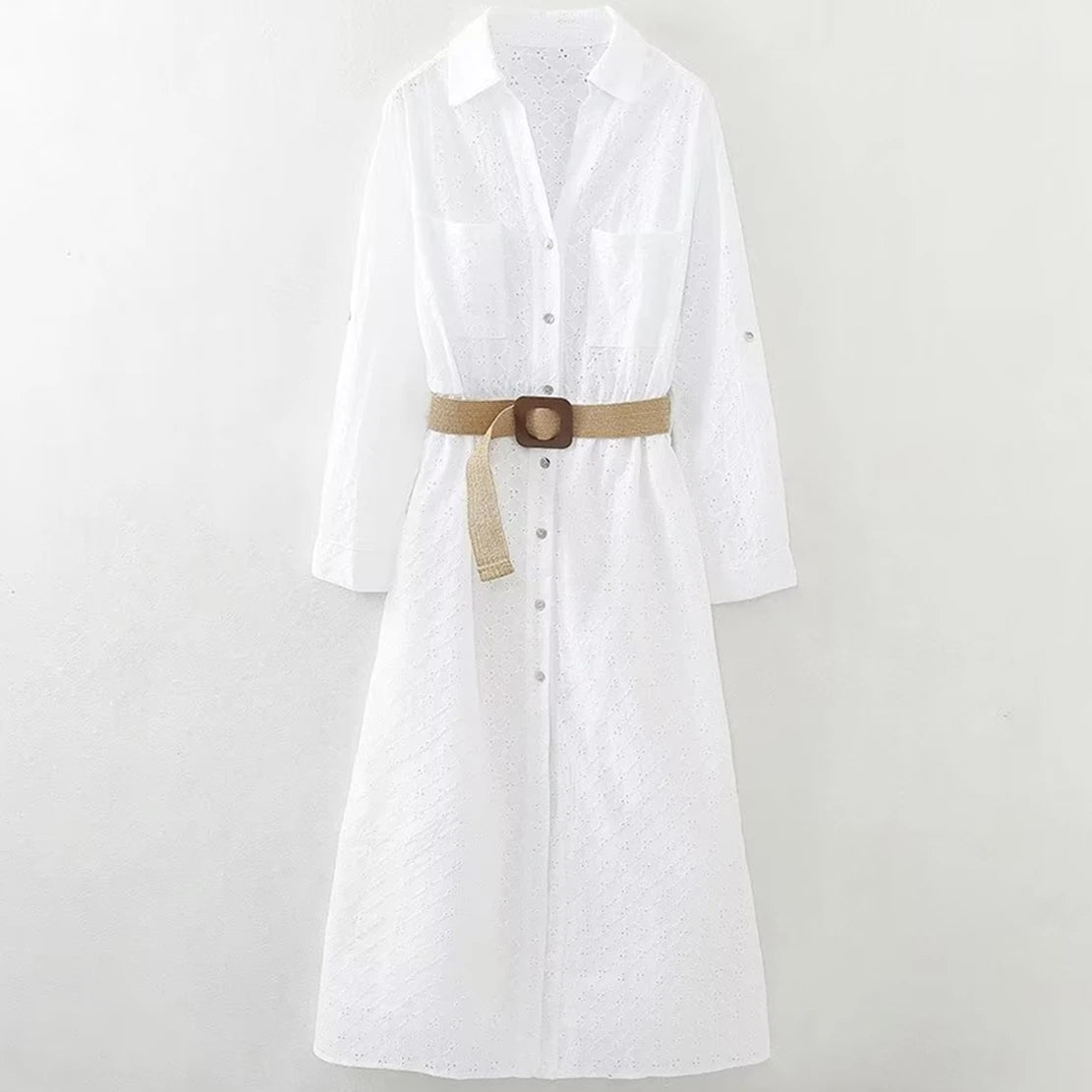 Vireous French Country-Style Pure Cotton White Midi Dress