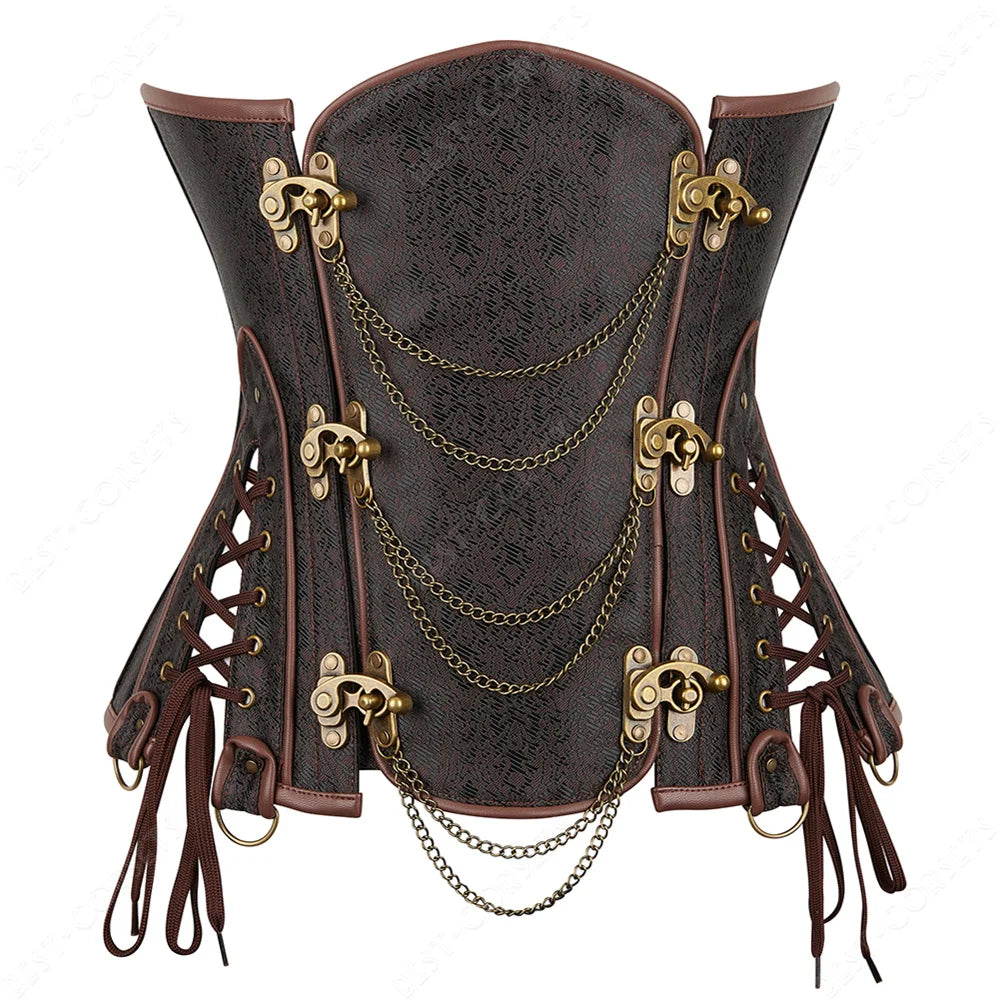 Women's Steampunk Faux-Leather Underbust Corset in Brown