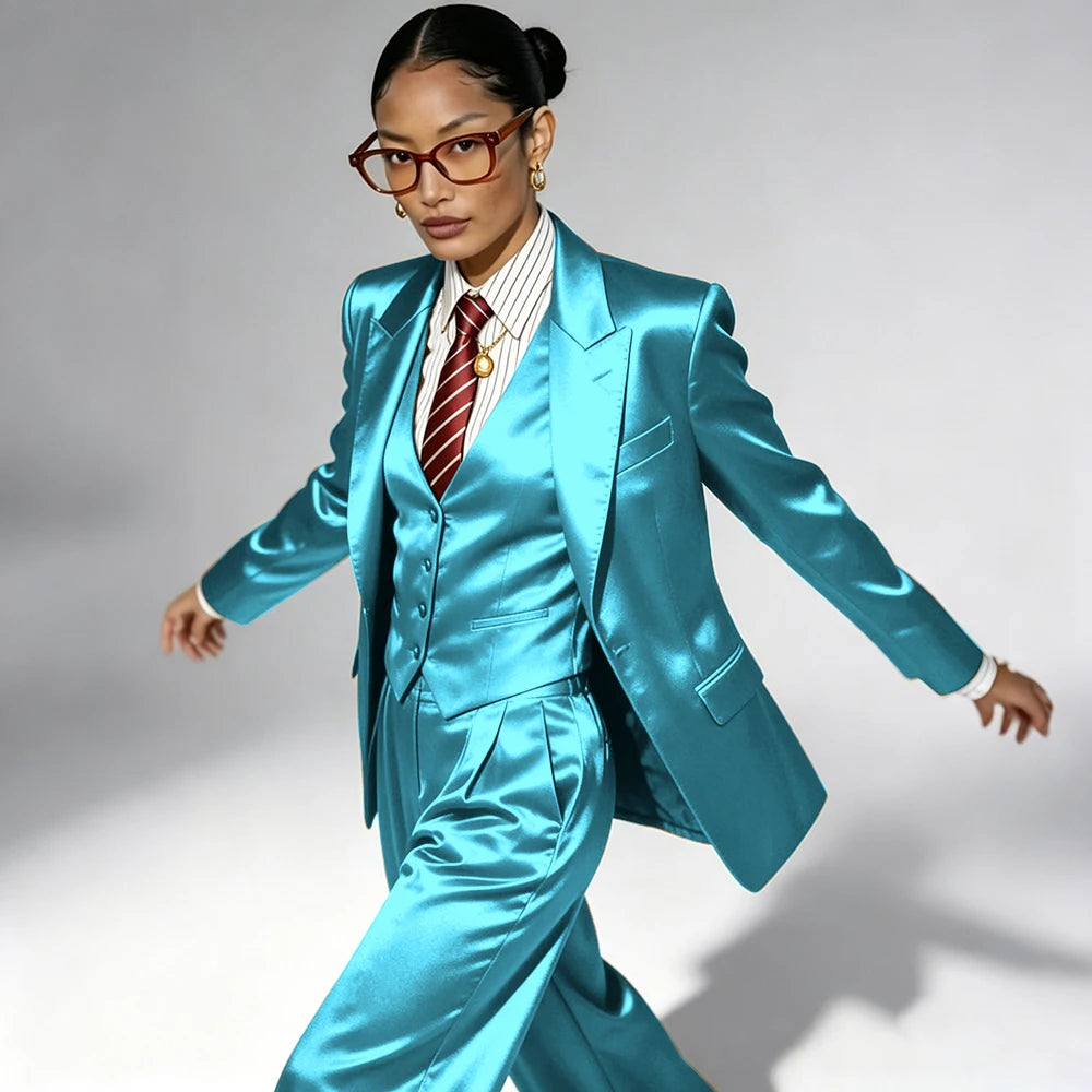 Professional Performance Wear Women's Tuxedo, Gold Satin Three-Piece Suit, Night Wear