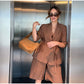 Cotton Linen Women's Belted Businesswear, Coffee Jacket and Shorts Two-Piece