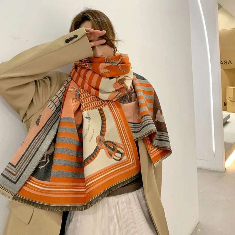 Extra-Large Cashmere Scarf, Equestrian-Print Blanket Wrap, Pashmina