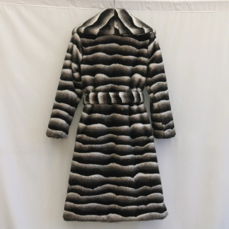 Vireous Women's Faux Fur Coat, Large Lapel Zebra-Print Mink Long Coat