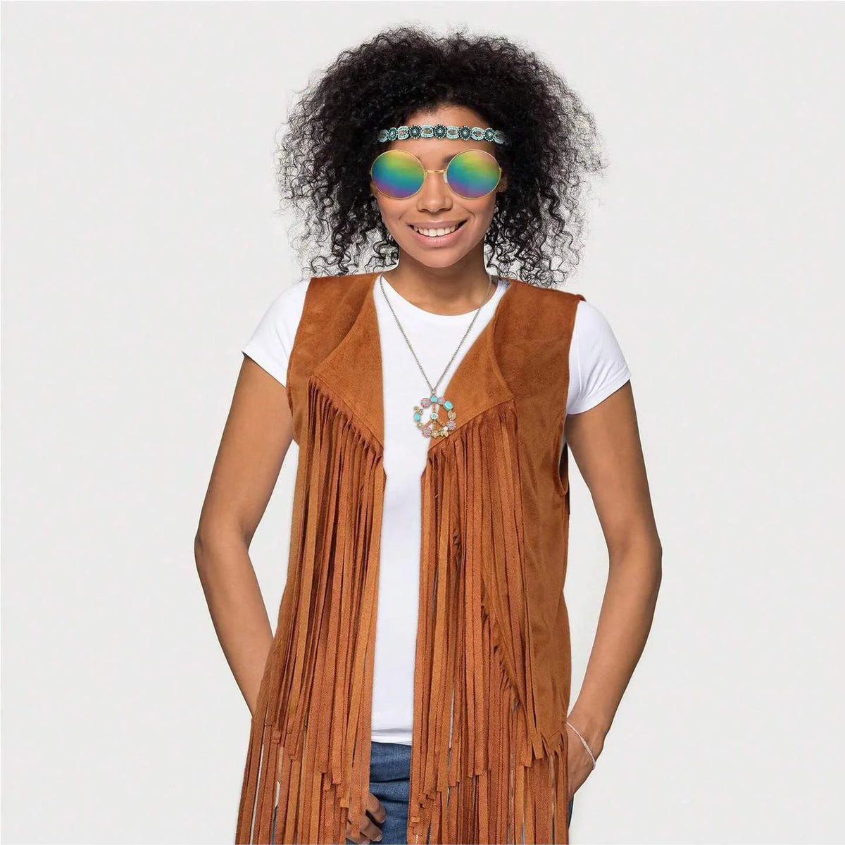 Complete Outfit, 60s 70s Hippie Disco Peace Love Costume with Cowgirl Vest Top
