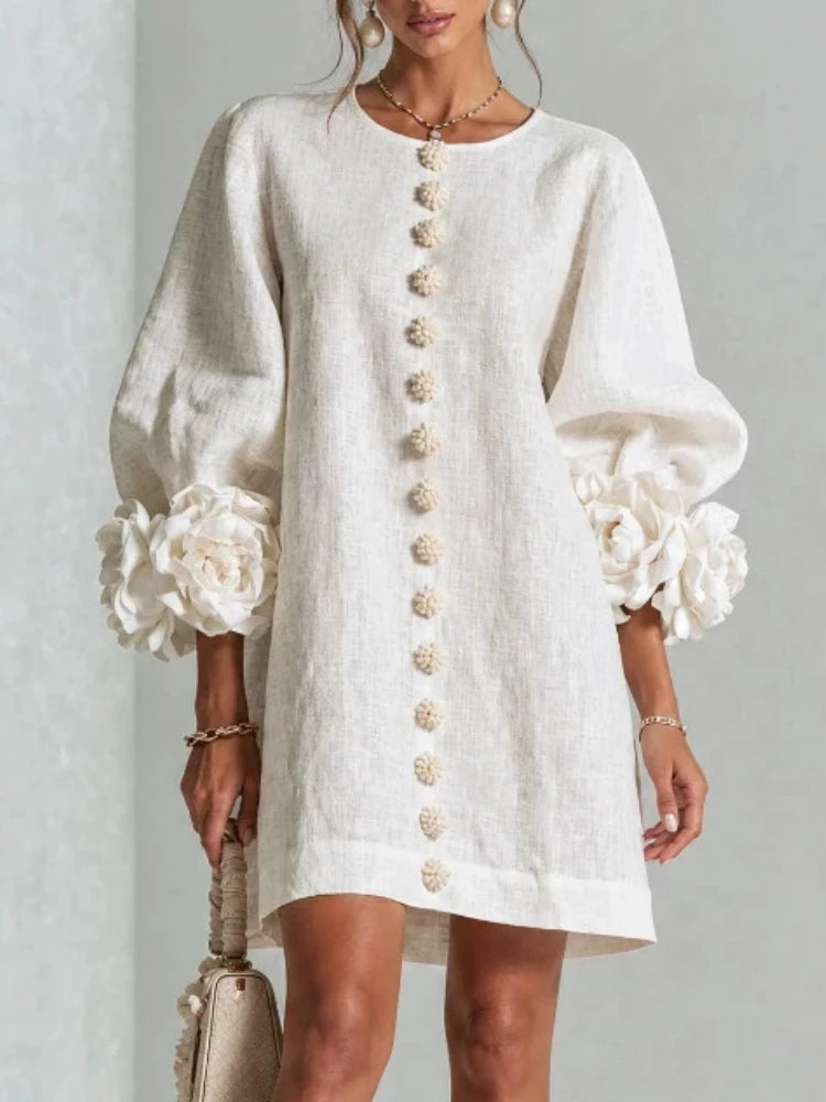 Vireous Women's Linen Mini Dress with Flower Buttons
