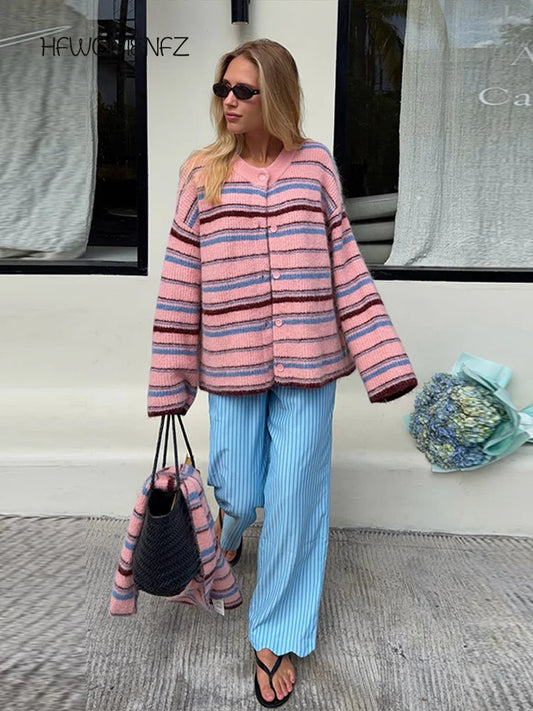 Women's Striped Knitted Coat, Soft Outerwear in Pink or Green