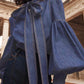 Vireous Women's Princess Sleeves High-Neck Bow Tie Denim-Look Blouse