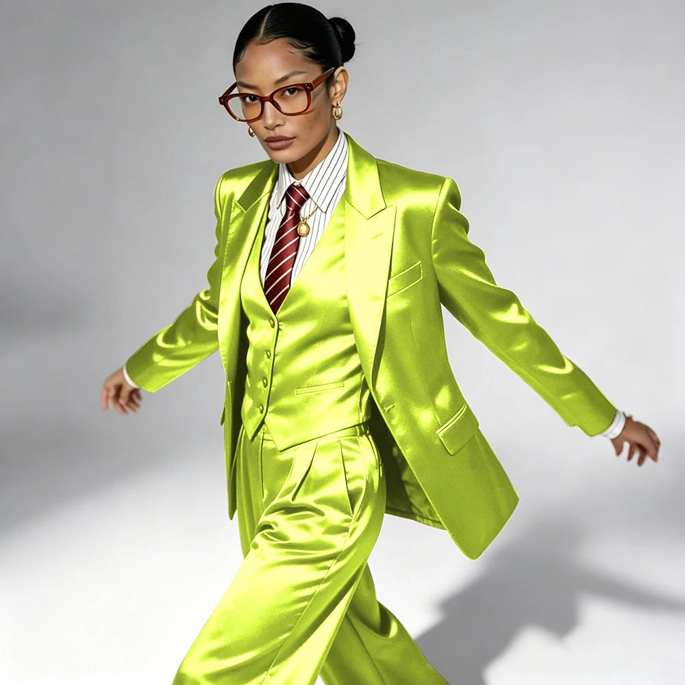Professional Performance Wear Women's Tuxedo, Gold Satin Three-Piece Suit, Night Wear