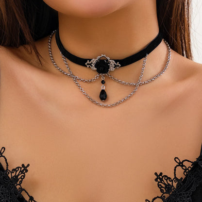 Dark Cross Punk Black Cotton and Chain Choker with Pendant