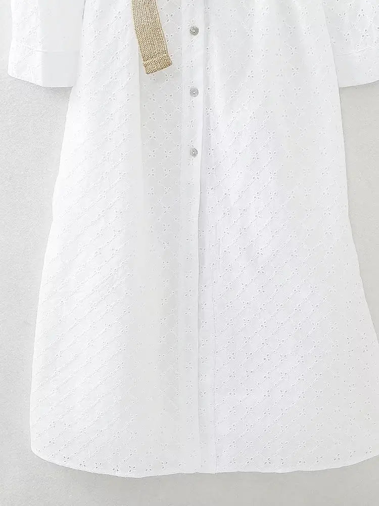 Vireous French Country-Style Pure Cotton White Midi Dress