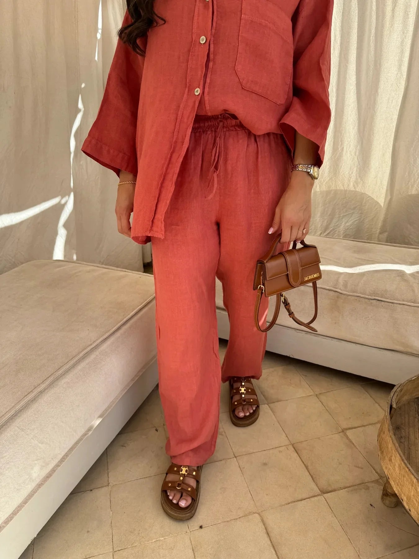Simple Cotton Linen Women's Summer Pants Suit, Multi Colours