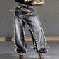 Women's Fashion Hipster Baggy Distressed Jeans with Sparkling Rhinestones