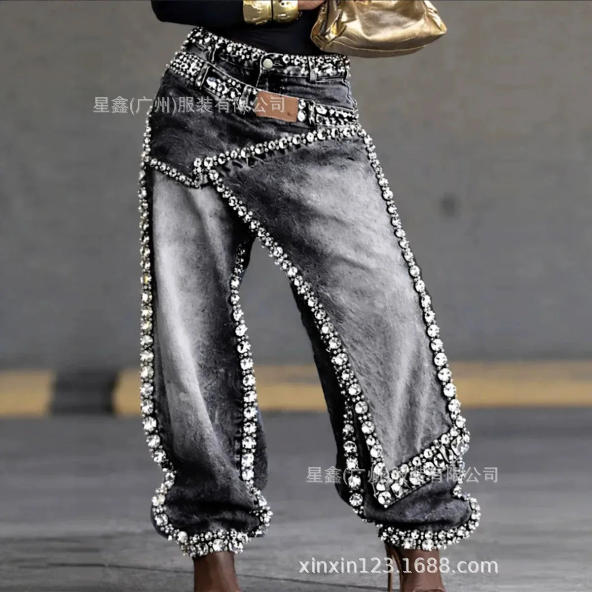 Women's Fashion Hipster Baggy Distressed Jeans with Sparkling Rhinestones