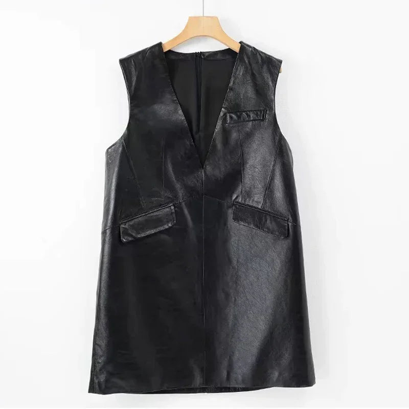 Women's Classic Genuine Leather Smock Dress, Outerwear in Wine Red