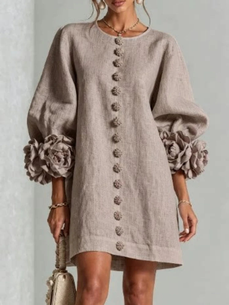 Vireous Women's Linen Mini Dress with Flower Buttons