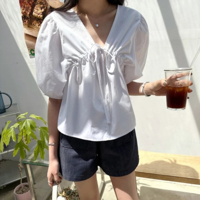 Puff Sleeve Women's Businesswear Casual Lace-Up Shirt