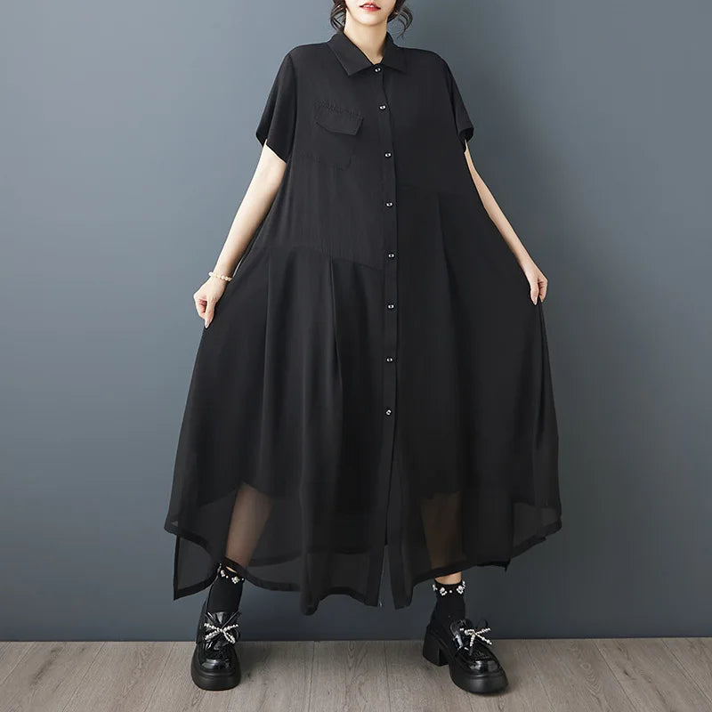 Vireous Black Chiffon Retro and Artistic Midi Dress