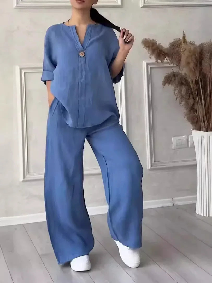 Women's Cotton and Linen Round-Neck Summer Short-Sleeves Pants Suit