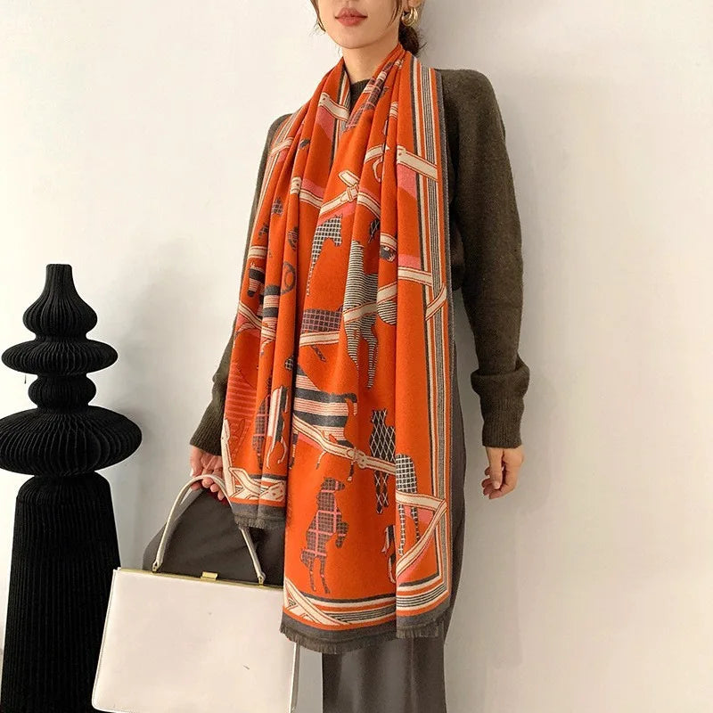 Extra-Large Cashmere Scarf, Equestrian-Print Blanket Wrap, Pashmina