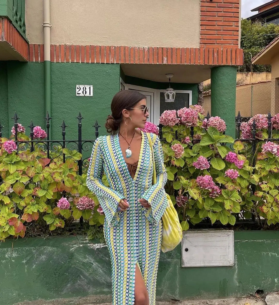 Vireous Crochet Colourful Women's Stripe Maxi Dress