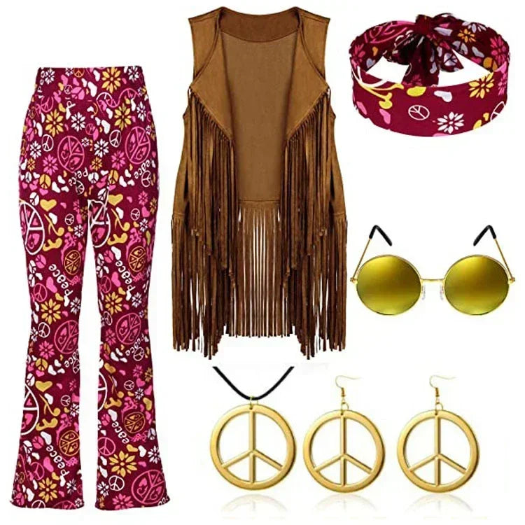 Complete Outfit, Hippie Disco 60s 70s Cosplay Costume in Floral Pink or Brown