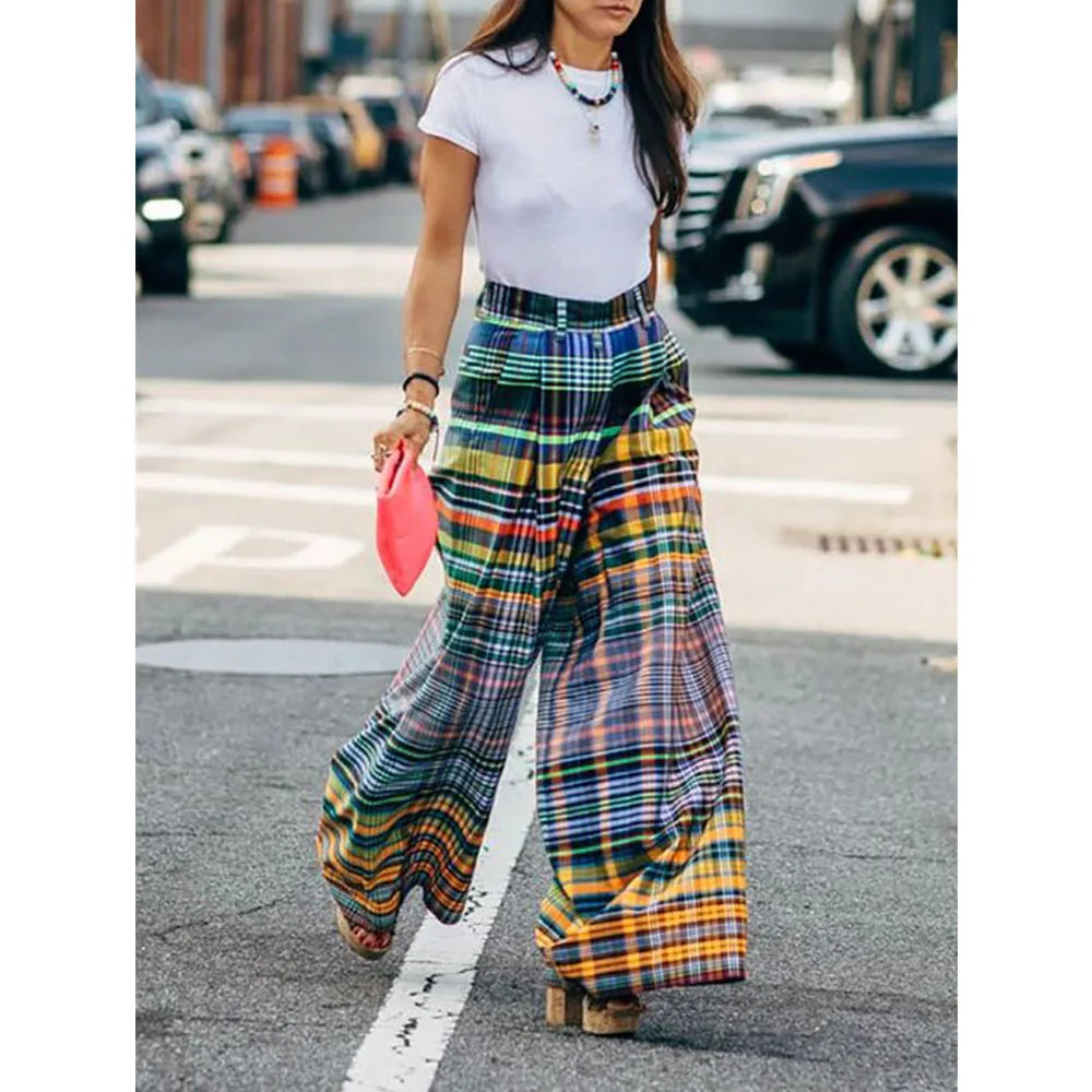 Vireous Loose Wide-Leg Checkerboard Printed Casual Bottoms, Pants