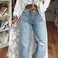Vireous Lace Floral Extra-Long Shirt Top, High Neck Overwear