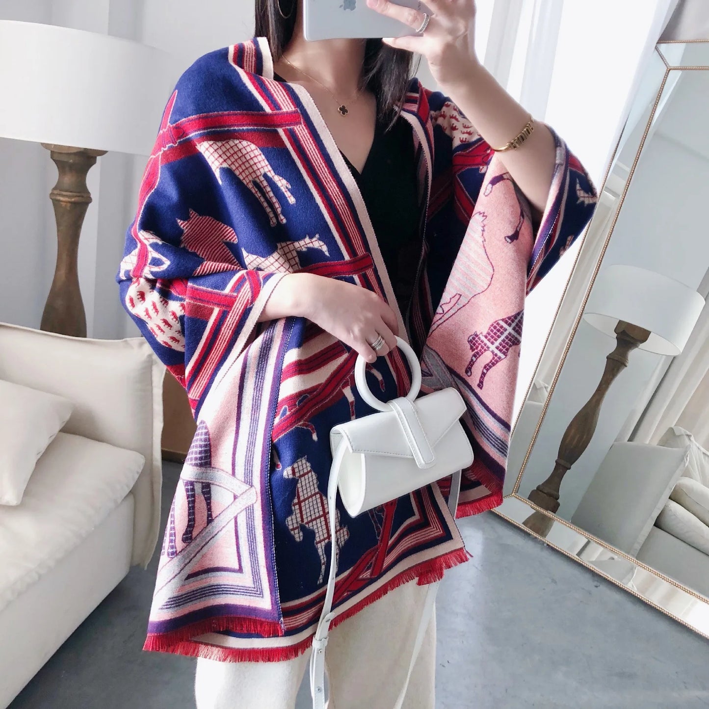 Extra-Large Cashmere Scarf, Equestrian-Print Blanket Wrap, Pashmina