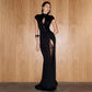Vireous Off-Shoulder Slit Long Evening Dress in Black