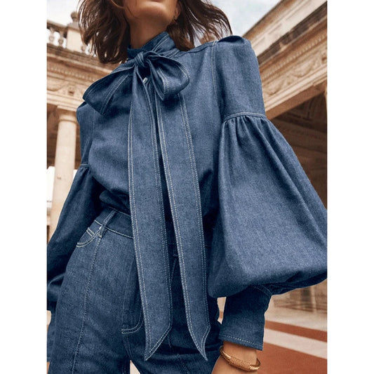 Vireous Women's Princess Sleeves High-Neck Bow Tie Denim-Look Blouse