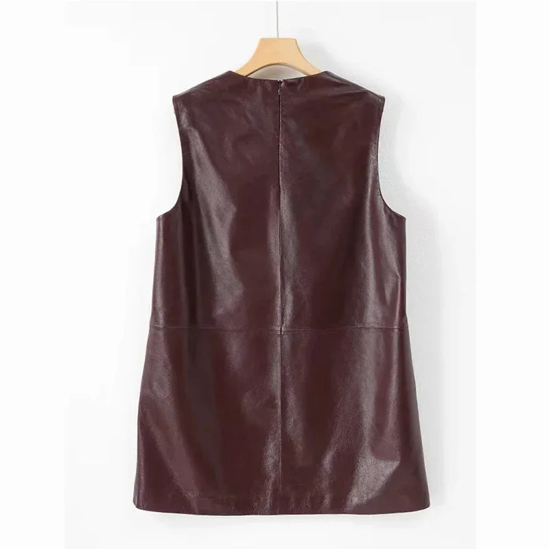 Women's Classic Genuine Leather Smock Dress, Outerwear in Wine Red
