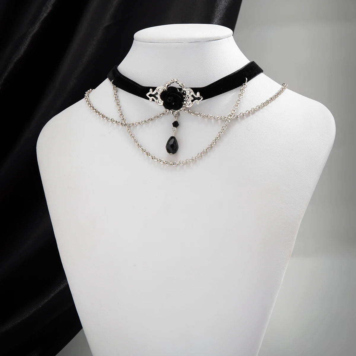 Dark Cross Punk Black Cotton and Chain Choker with Pendant