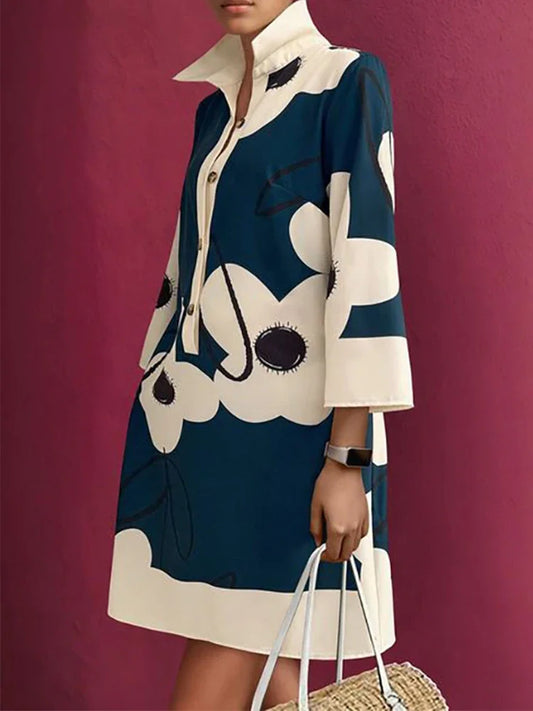 Abstract Floral Print Elegant High-Collar Mini Dress
