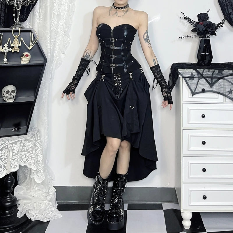 Dark Cross Alt-Grunge High Waist Simple Skirt with Hook-Up Feature