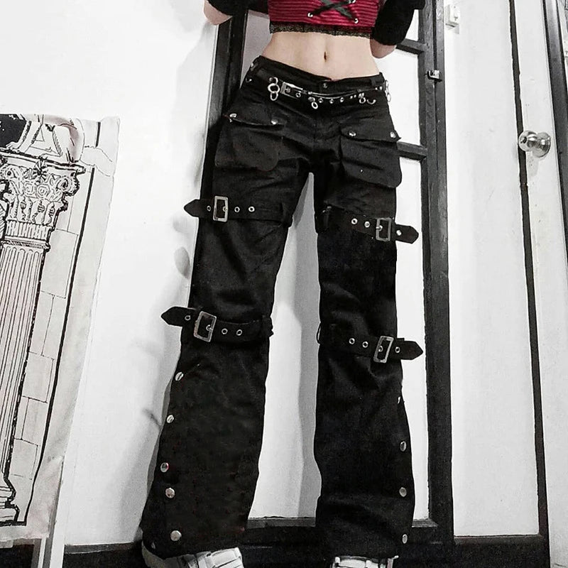 Women's Gothic Emo Alt Pants, Techwear, Hippie Baggy Jeans in Black