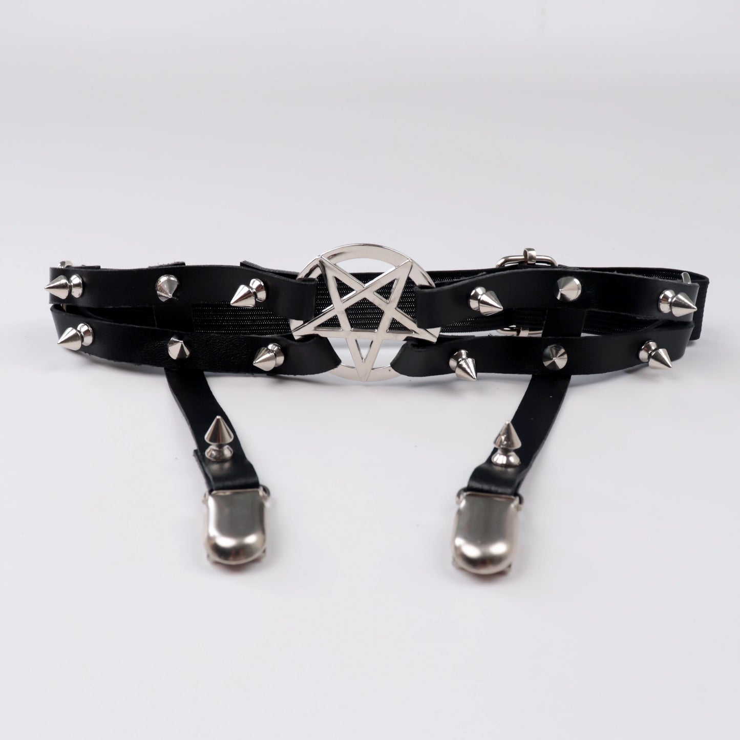 Dark Cross Goth Leg Strap Garter Belt, Pentagram Motif Suspenders