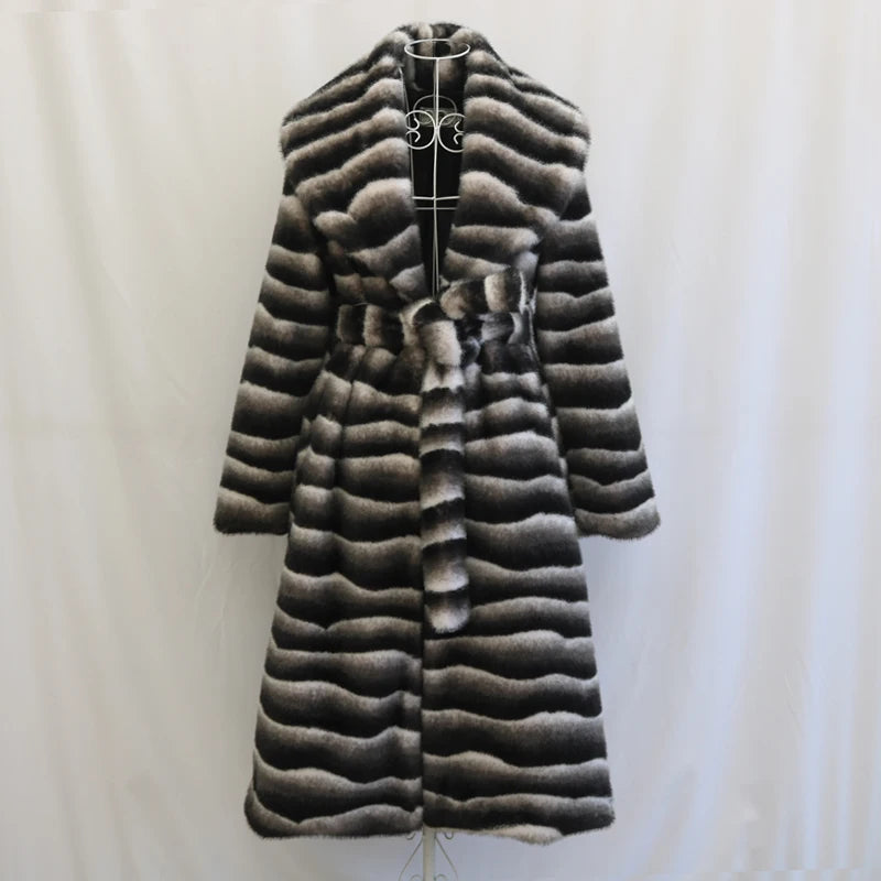 Vireous Women's Faux Fur Coat, Large Lapel Zebra-Print Mink Long Coat