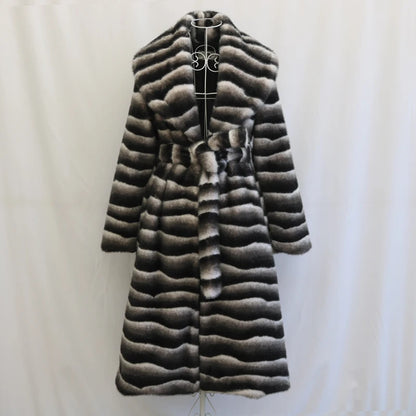 Vireous Women's Faux Fur Coat, Large Lapel Zebra-Print Mink Long Coat