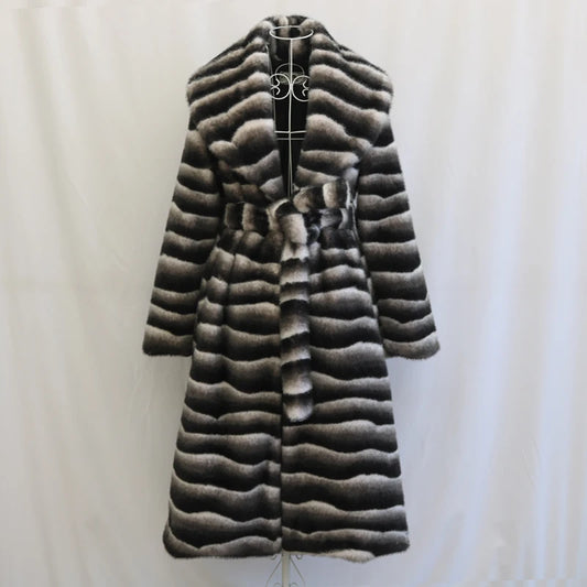 Vireous Women's Faux Fur Coat, Large Lapel Zebra-Print Mink Long Coat