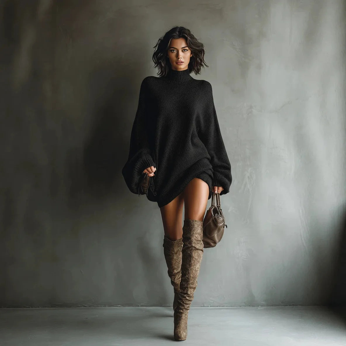Vireous Round-Neck Loose Knitted Sweater Mini Dress
