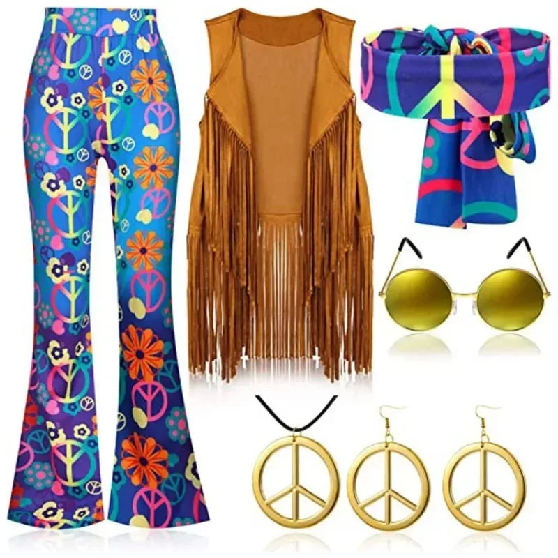 Complete Outfit, Hippie Disco 60s 70s Cosplay Fesitval Costume with Indian Tassels