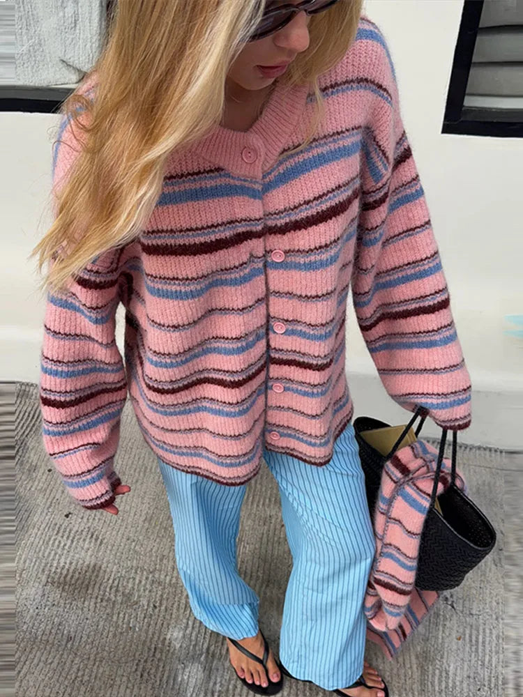Women's Striped Knitted Coat, Soft Outerwear in Pink or Green
