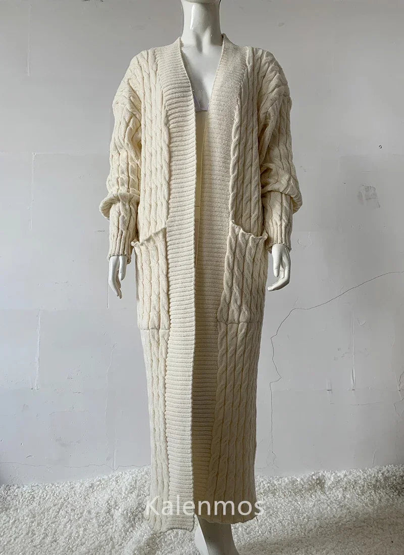 Vireous Very Long Cardigan, Women's Cable Knit Jacket, Multicolours