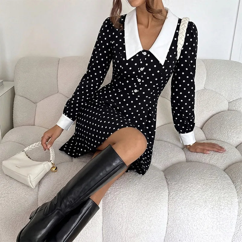 Elegant Polka Dot Cockail Dress, Long Sleeves in Black