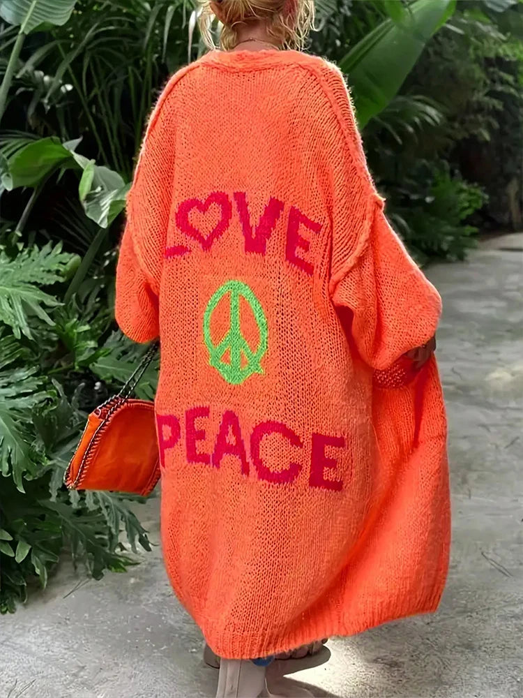 'Love and Peace' New Design Women's Long Knitted Cardigan, Sweater Coat