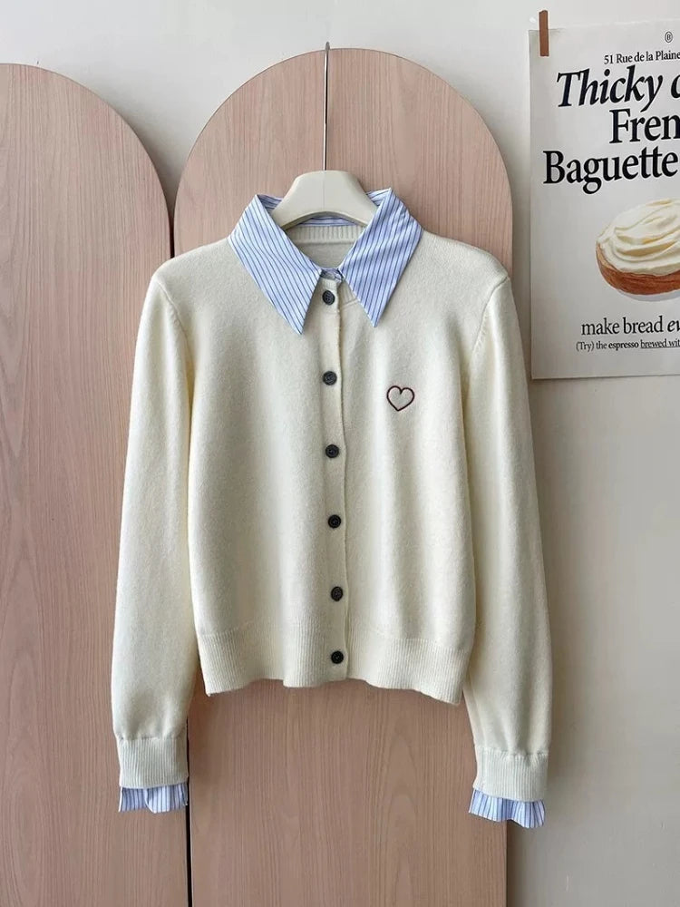 Vireous French-Style Polo Collar Fake-Two Piece Cardigan