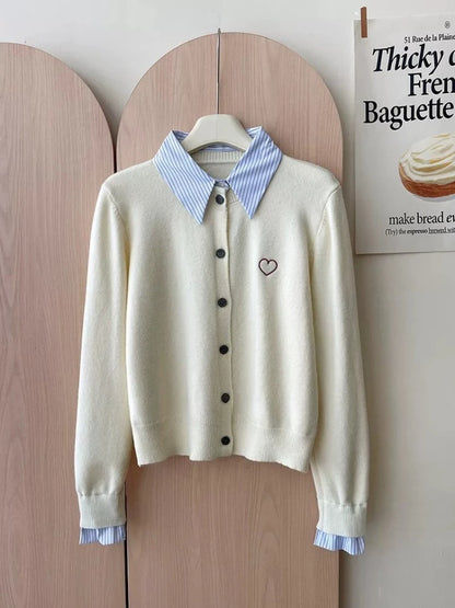 Vireous French-Style Polo Collar Fake-Two Piece Cardigan