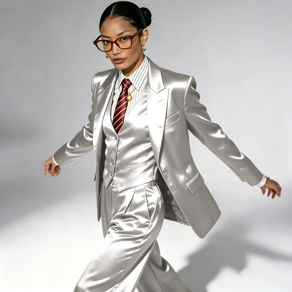 Professional Performance Wear Women's Tuxedo, Gold Satin Three-Piece Suit, Night Wear